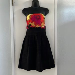 New York & Co Stretch Black and Floral Pleated Strapless Dress